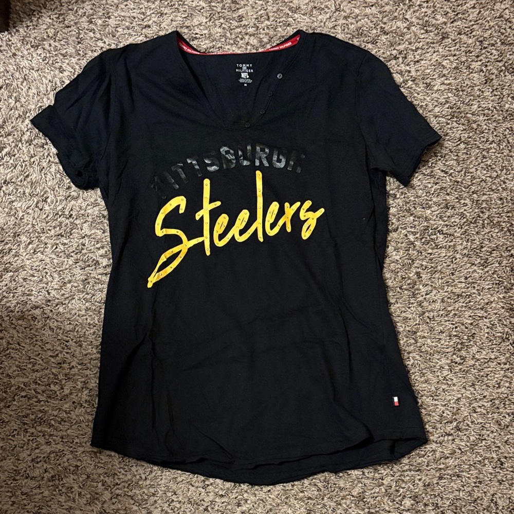 Tommy Hilfiger Black Pittsburgh Steelers V-Neck Tee with Yellow Script